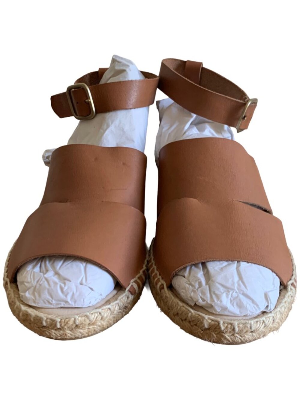 ERIC MICHAEL Tan Bridget Espadrille Ankle Wrap Wedge Leather Boho Sandals Sz 5.5 - Picture 5 of 9